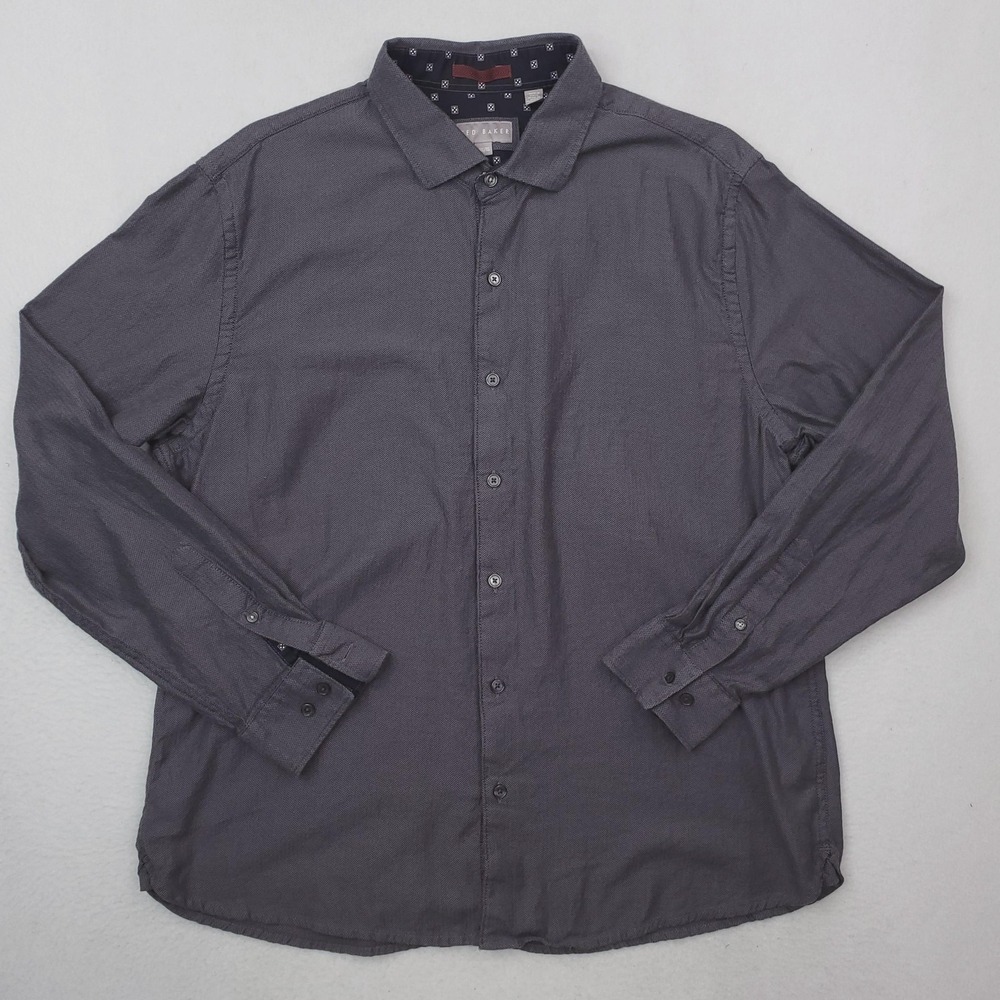 Ted Baker Shirt Mens‎ XL Gray Herringbone Twill Button Up Long Sleeve Cotton